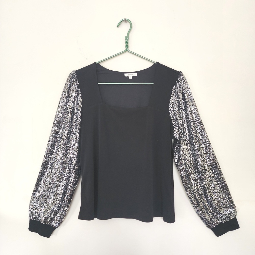 Maurices Womens Black Sequin Balloon Sleeve Blouse Top Silver M Party Holiday - Picture 2 of 10